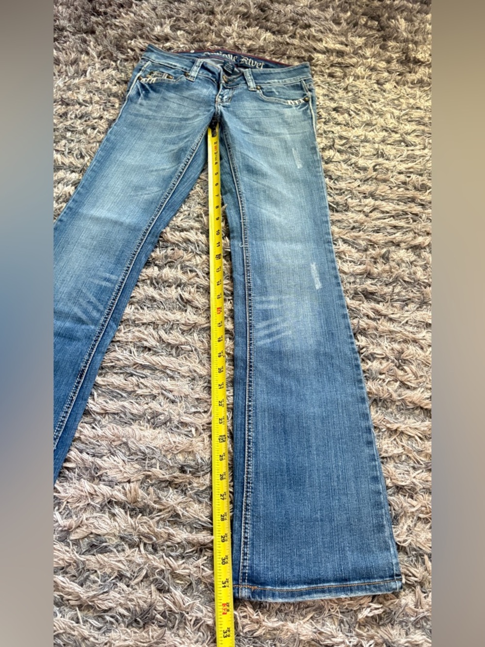 Antique Rivet Low-Rise Cotton Blue Flare Jeans with Subtle Distress - Picture 12 of 12